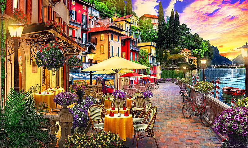 Lake Como, Building, cafe, Architecture, town, quaint, Village, italy, lake, HD wallpaper
