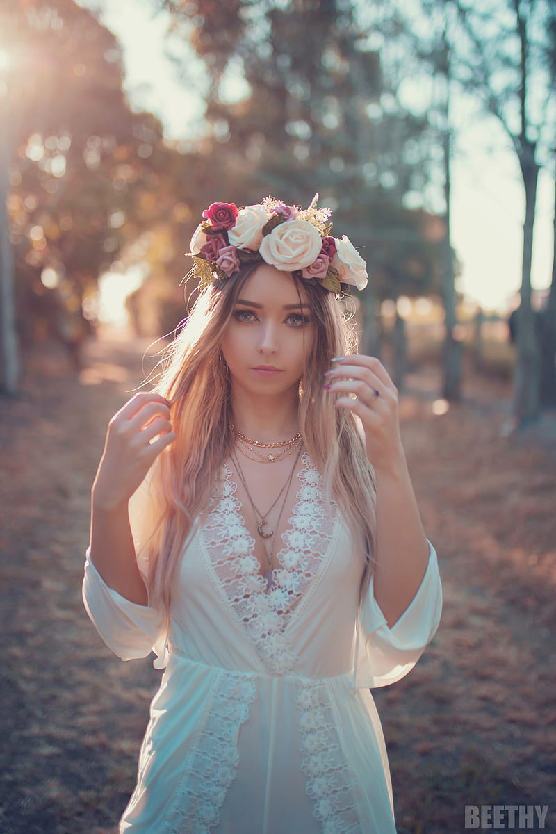 Beethy, women, blonde, blue eyes, flowers, long hair, model, white clothing, frontal view, Amy Thunderbolt, women outdoors, HD phone wallpaper