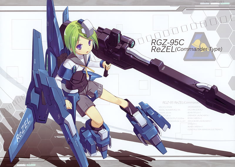 RGZ-95C ReZEL (Commander Type), badass, bonito, robot, sexy, cute, short hair, gundam, cool, mech, awesome, hot, beauty, anime girl, green hair, purple eyes, HD wallpaper