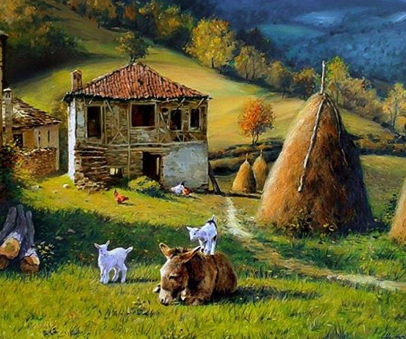 Village Life, art, paintings, cool, village, beauty, nature, animals, HD  wallpaper | Peakpx