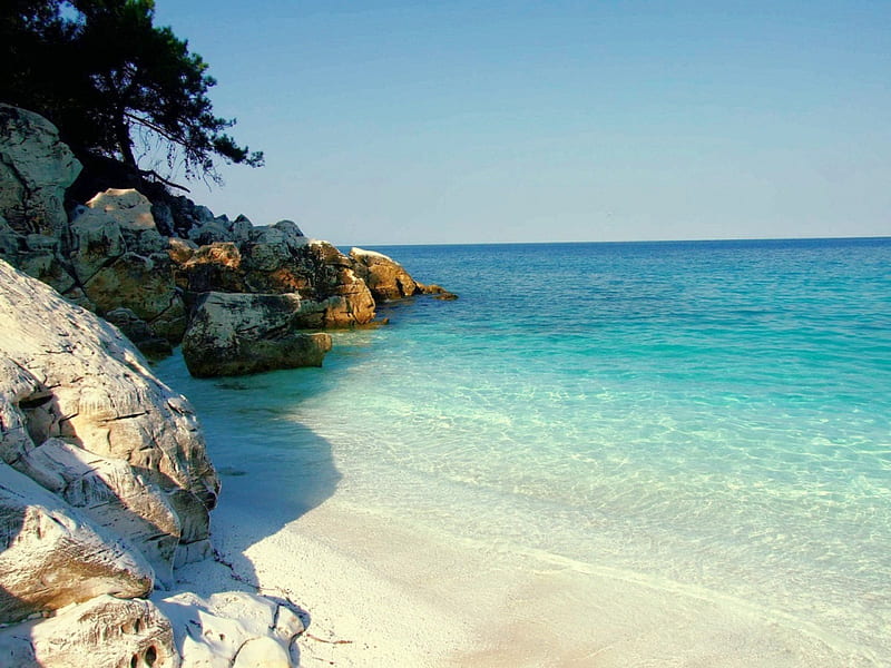 Morning On The Beach Of Thassos Island, rocks, bonito, trees, sea, beach, Greece, sand, crystal waters, island, HD wallpaper