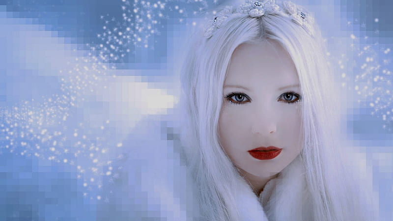 Snow queen, pretty, blond, white and fair, remoteness, abstract art, fairytale, bonito, fantasy, long hair, red lips, whitecold, abstract, winter, make up, beautiful eyes, enchanting, girl, icy, snow, awesome, white, HD wallpaper
