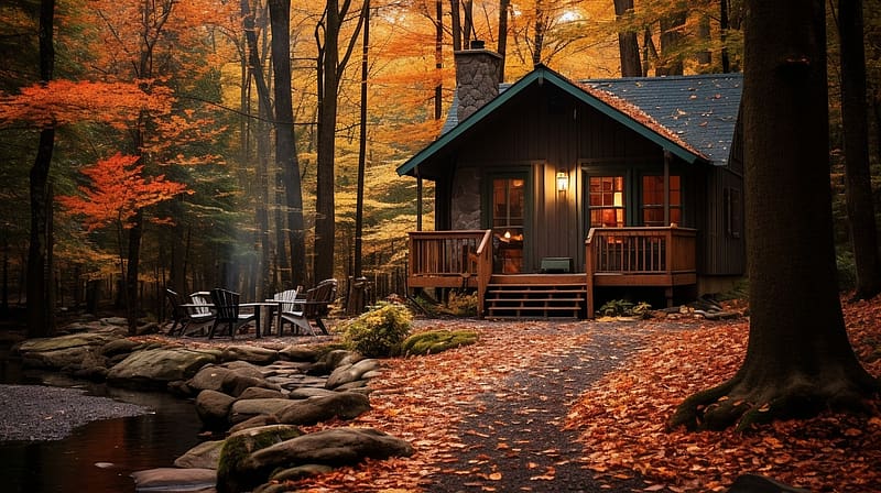 Autumn cabin in the middle of the forest, epulet, tajkep, evad, haz, szines levelek, ut, kabin, fak, napsugarak, kerti butorok, kovek, osz, erdo, erdei patak, esik, HD wallpaper