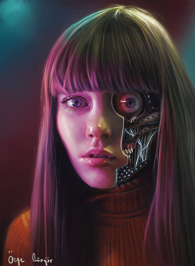 artwork, science fiction, robot, women, bangs, face, blue eyes, HD phone wallpaper