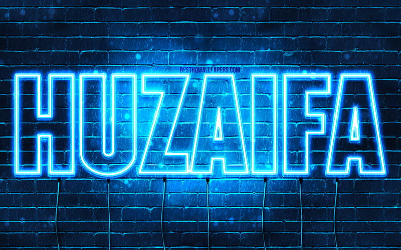 Huzaifa, , with names, Huzaifa name, blue neon lights, Happy Birtay Huzaifa, popular arabic male names, with Huzaifa name, HD wallpaper