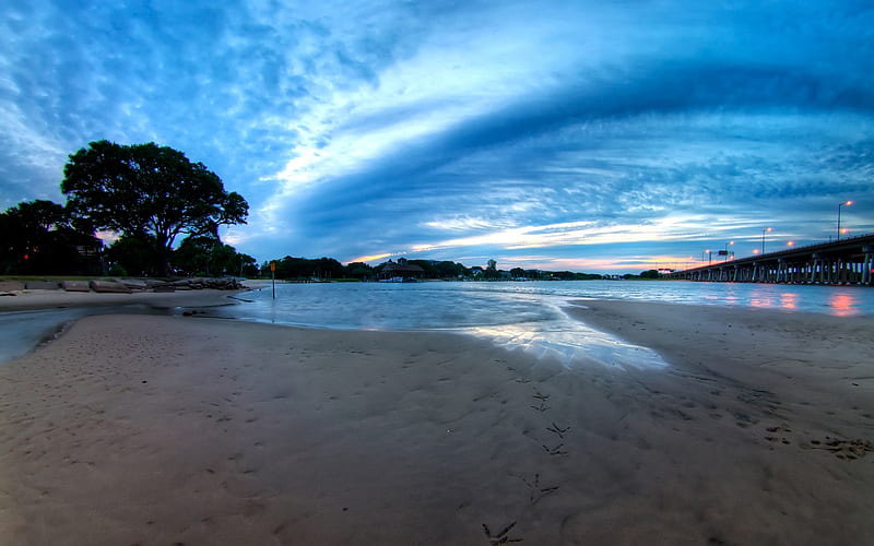 BLUE BEAUTY, dawn, ocean, sunset, trees, lights, beach, skies, bridge, strait, blue, HD wallpaper