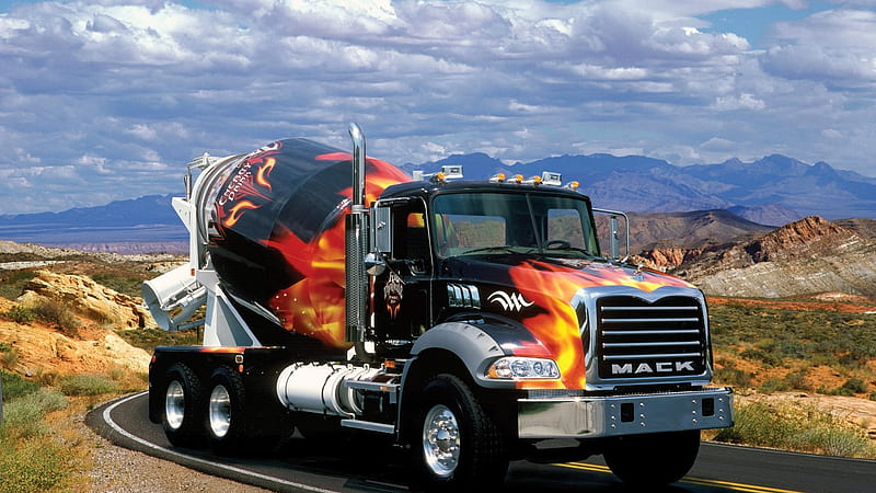 Flaming Mack Truck, Moutnains, Black, Sky, Orange, Cement Mixer, Diesel, Custom Mack, View, Beauty, Cool, Clouds, flames, Country, Blue, Mack Truck, Road, HD wallpaper