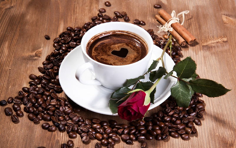 Love for coffee, red, rose, beans, valentine, coffee, love, heart, cup, flower, white, HD wallpaper