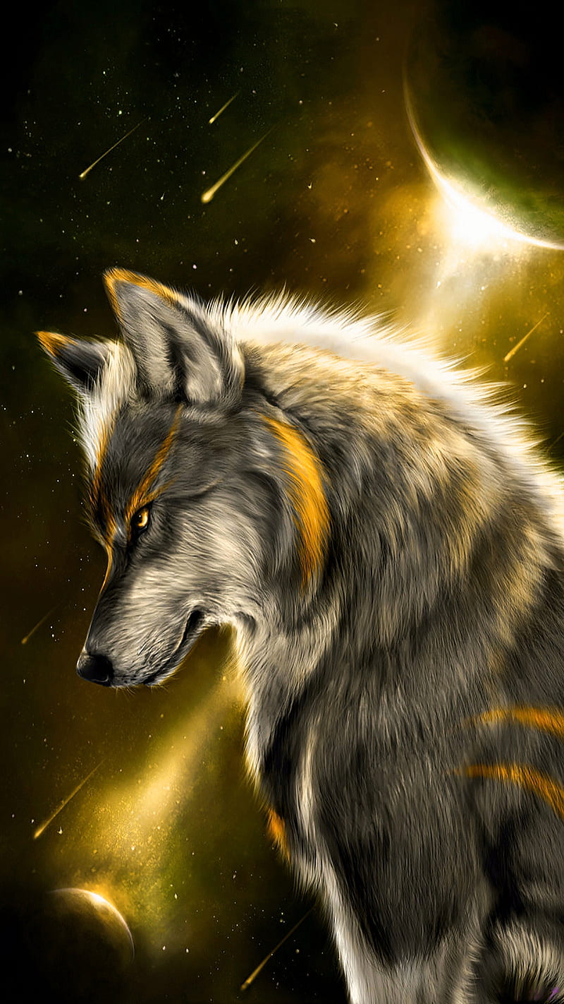 Gold galaxy wolf, galaxy, gold, moon, wolf, HD phone wallpaper