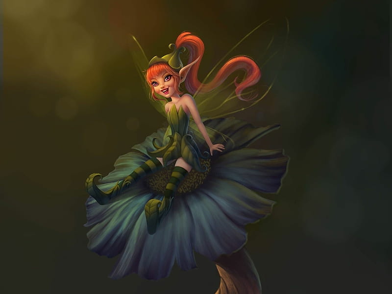 Panbell, fantasy, girl, redhead, green, flower, silvia severo meira, fairy, blue, luminos, HD wallpaper Panbell, fantasy, girl, redhead, green, flower, silvia severo meira, fairy, blue, luminos, HD wallpaper