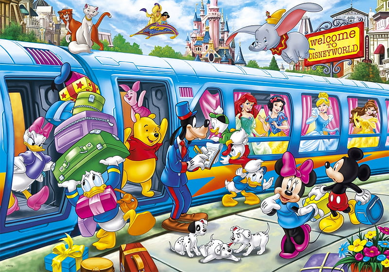 Disney family, family, luminos, goofy, donald duck, yellow, winnie the pooh, train, mouse, funny, pluto, minnie, mickey, disney, dog, blue, HD wallpaper