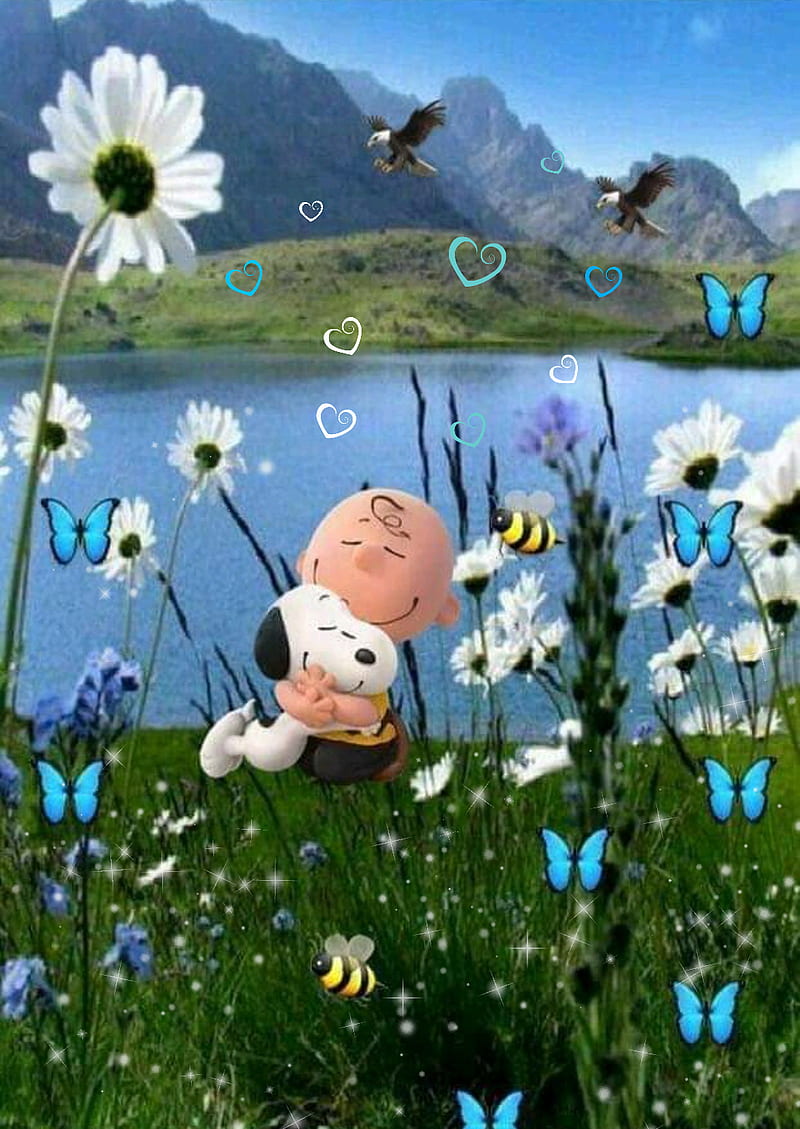 Snoopy, blue, brown, charlie, flowers, hugs, love, spring, white, HD phone wallpaper