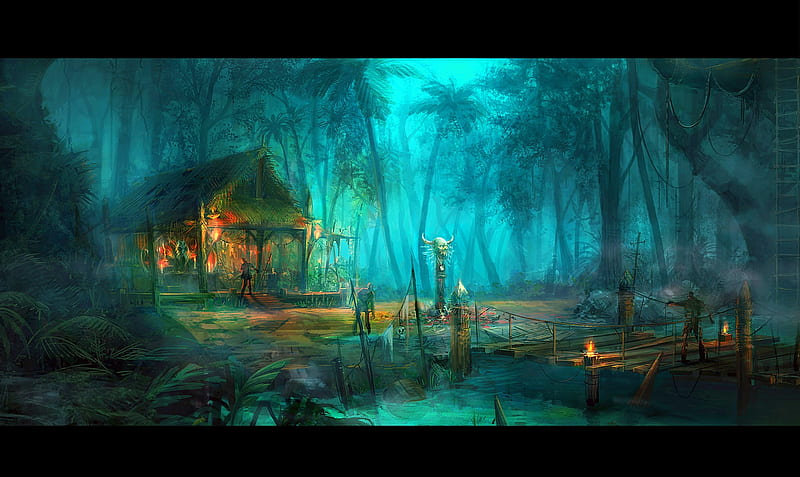 Zombie land, wonhee jung, palm tree, blue, night, art, luminos, zombie, fire, fantasy, green, jungle, land, HD wallpaper