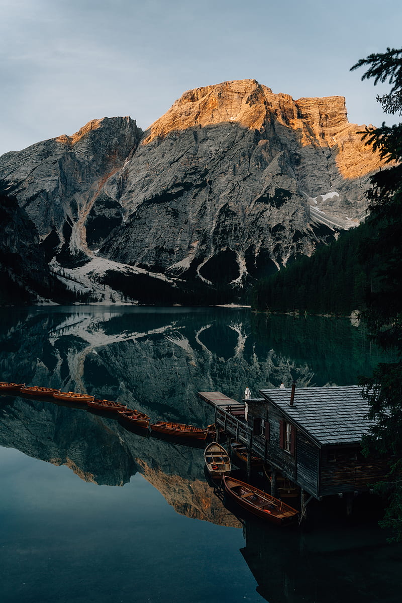lake, mountains, pier, boats, nature, HD phone wallpaper