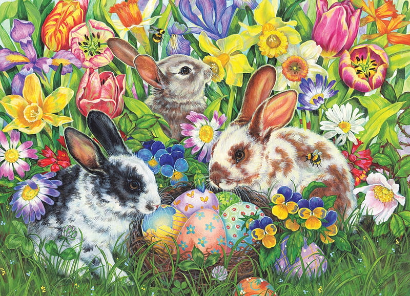 Easter bunnies, colorful, art, egg, rabbit, painting, spring, easter, bunny, pictura, HD wallpaper