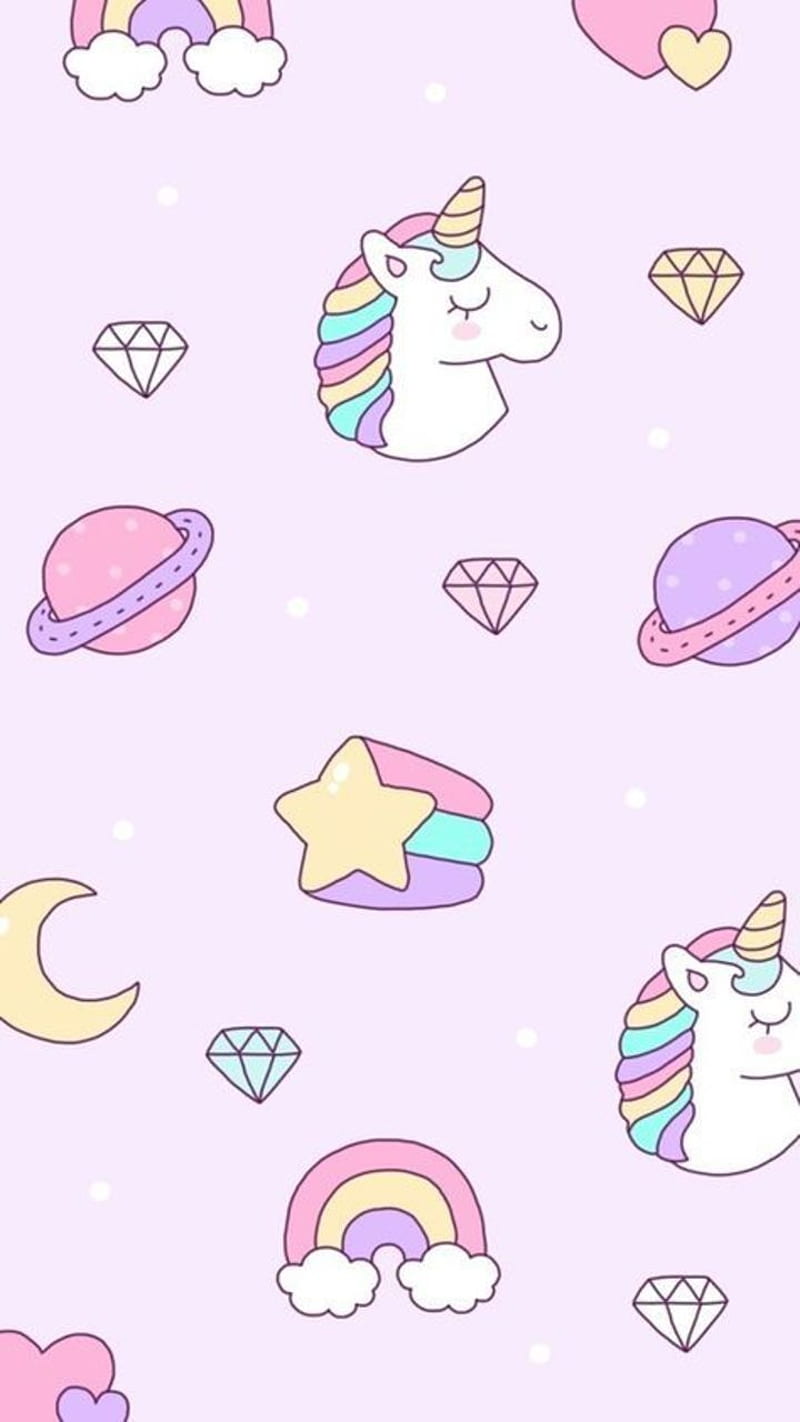 Unicorns, colors, cute, diamonds, pastel, pattern, planets, stars, HD phone wallpaper