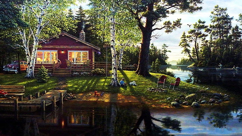 Grandpa's Lake House, rowboat, house, timeless, children, home, cabin, lake, dock, Firefox Persona theme, fishing, HD wallpaper