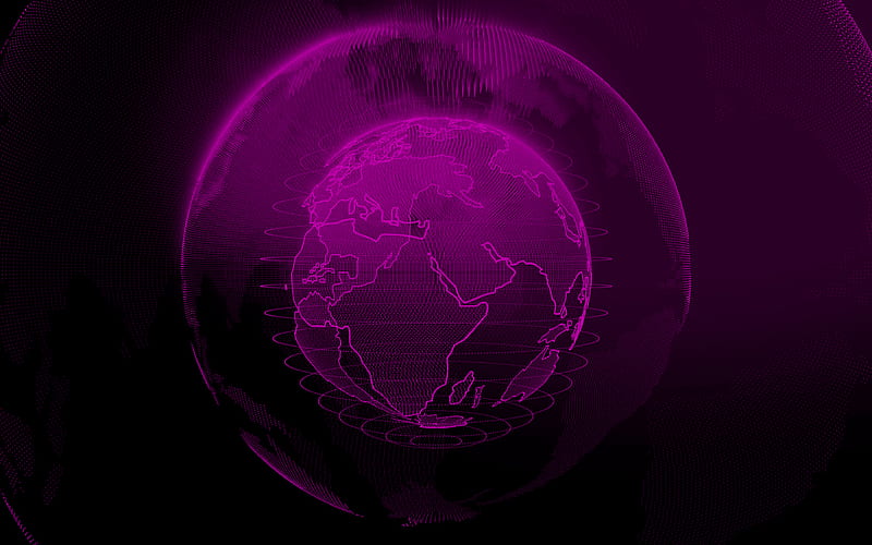 purple digital globe, purple digital background, technology networks, global networks, dots globe silhouette, digital technology, purple technology background, world map, HD wallpaper