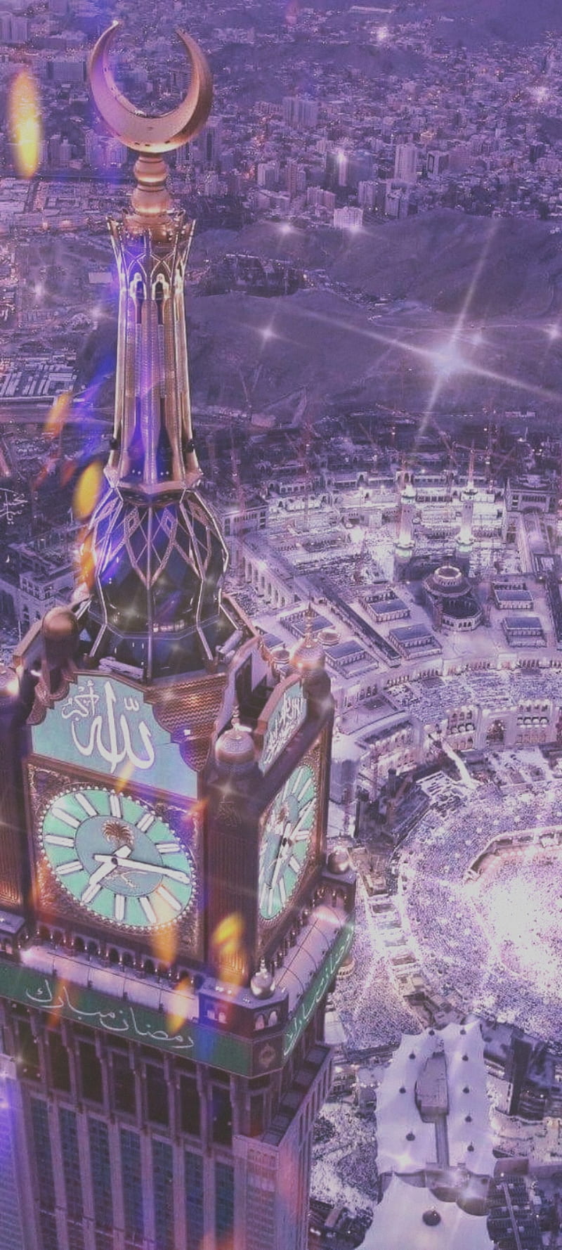 Mecca, sparkle, mosque, islam, muslim, qibla, purple, clock, tower, HD phone wallpaper