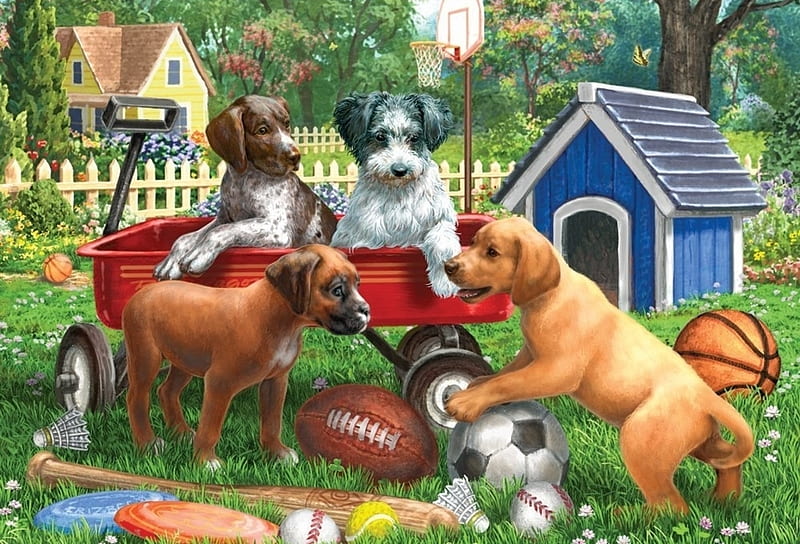 Puppies, art, ball, caine, painting, summer, garden, dog, puppy, HD wallpaper
