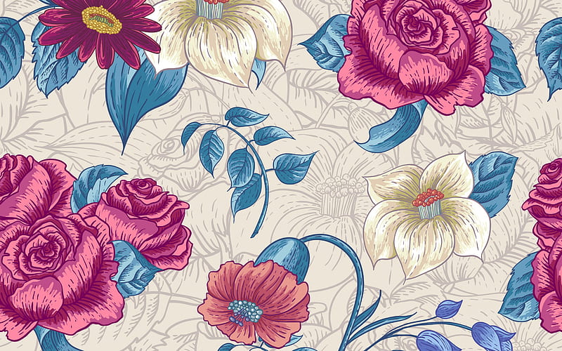 retro flower texture, red flowers retro background, retro texture, floral backgrounds, HD wallpaper