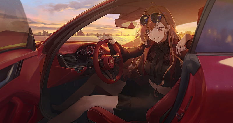 Anime, Girl, Red Car, HD wallpaper