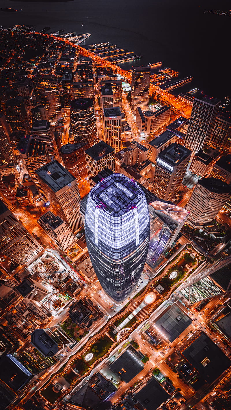 aerial graphy of curtain wall high-rise building during night, HD phone wallpaper