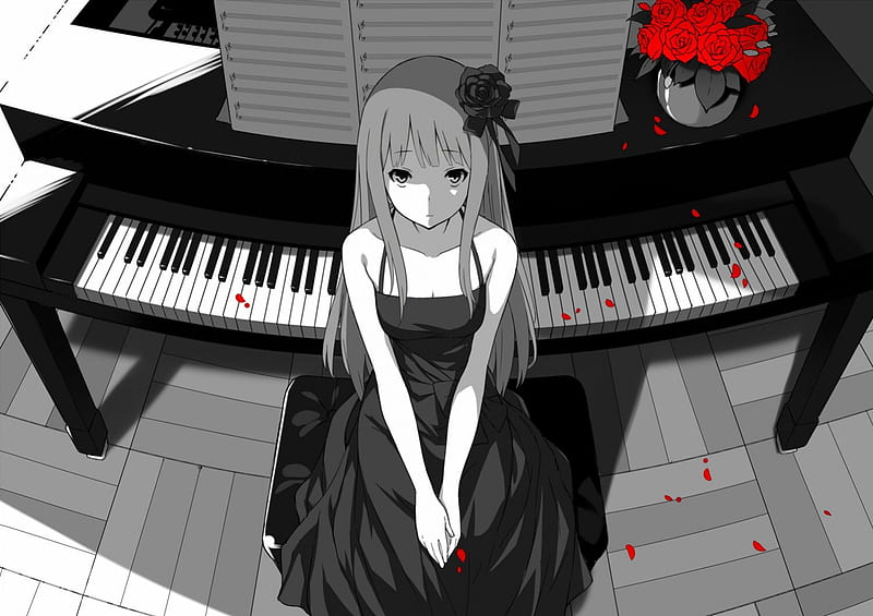 The Lovely Pianist, dress, lovely, roses, piano, girl, anime, flowers, music sheets, petals, long hair, HD wallpaper