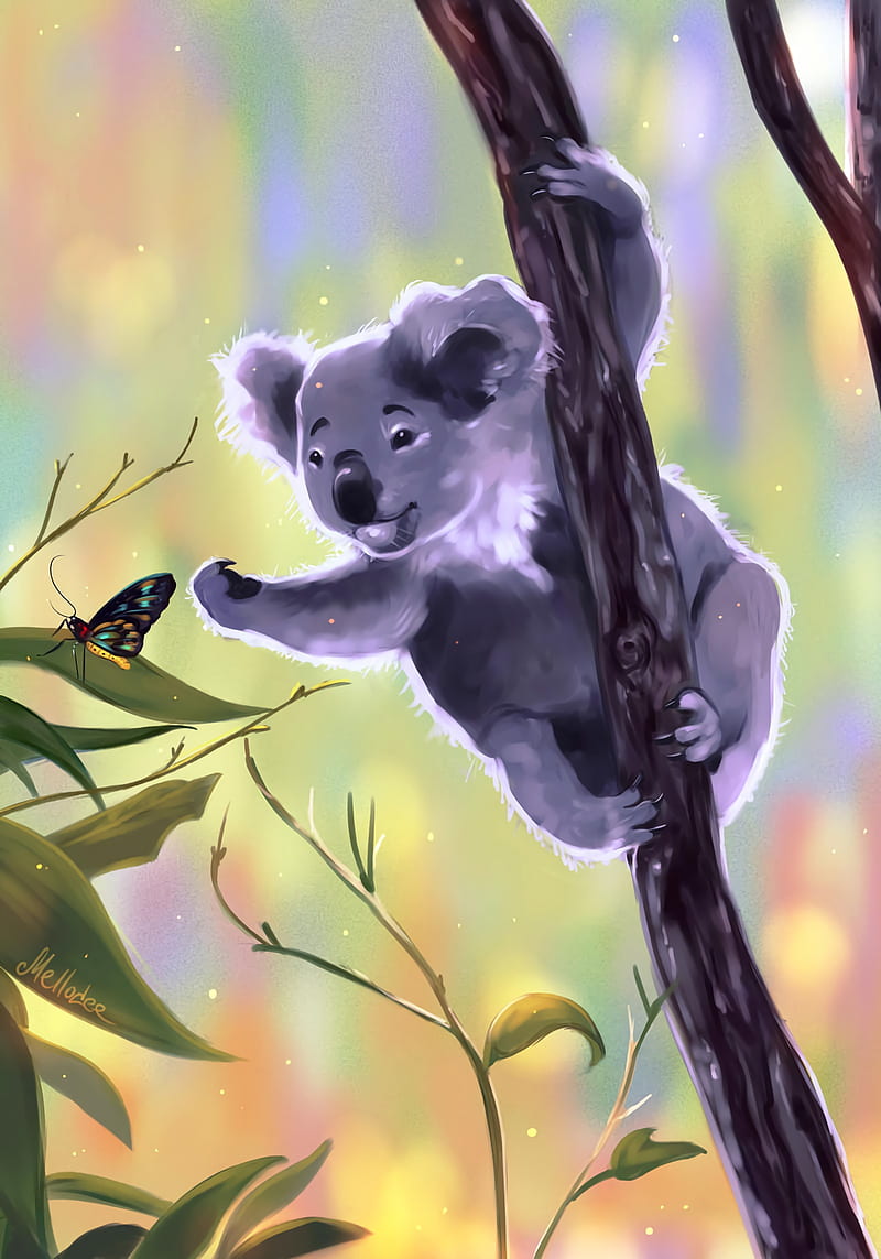 koala, butterfly, touch, branches, art, HD phone wallpaper