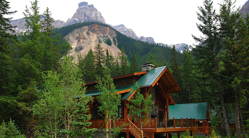 cathedral mountain lodge in yoho park canada, mountain, forest, park, lodge, HD wallpaper