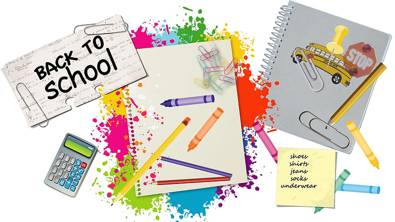 Back to School, pencils, paint, splatter, book, calculator, crayons, list, paper clips, paper, HD wallpaper