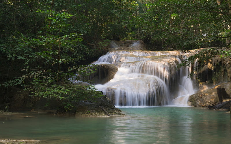 waterfall, rain forest, lake, jungle, Thailand, HD wallpaper