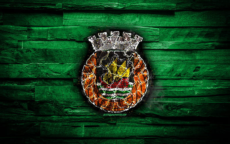 Rio Ave FC, burning logo, Primeira Liga, green wooden background, portuguese football club, grunge, football, soccer, Rio Ave logo, Vila do Conde, Portugal, HD wallpaper