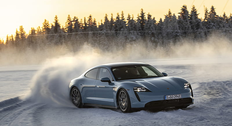 2020 Porsche Taycan 4S (Color: Frozen Blue Metallic) - In Snow , car, HD wallpaper