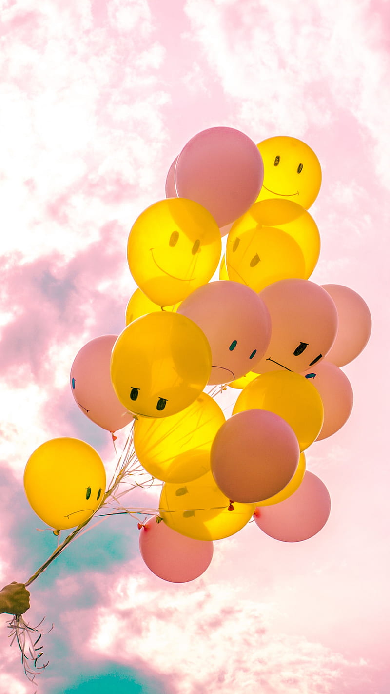 Emoction flying balloons , pink sky, flying balloons, emotions, yellow & pink balloons, HD phone wallpaper