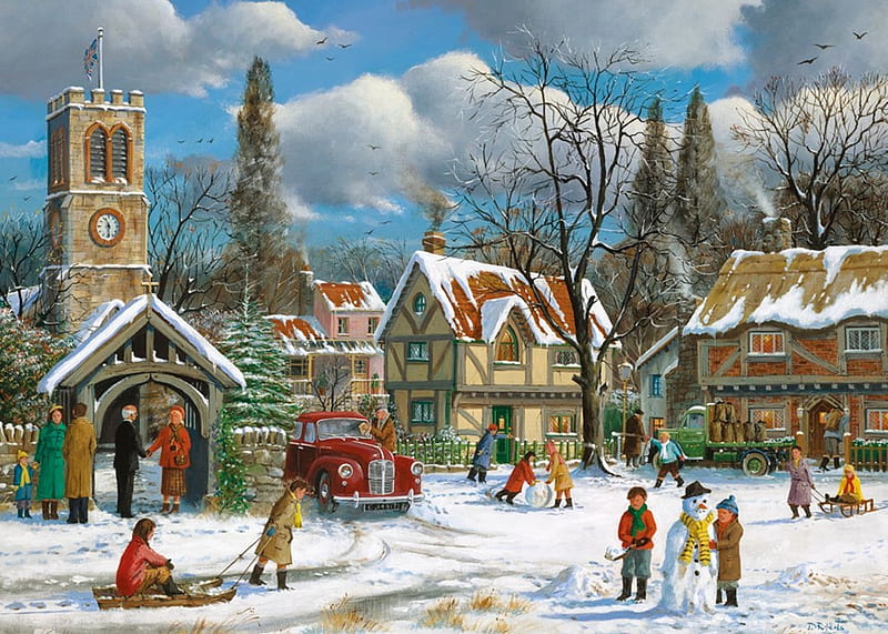 Preparing the Holiday, christmas, houses, trees, artwork, people, car, painting, village, vintage, HD wallpaper