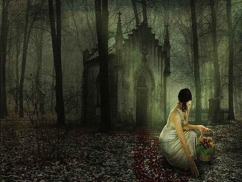 His Crypt, oil painting, fantasy, sad, flowers, crypt, trees, mist, HD wallpaper
