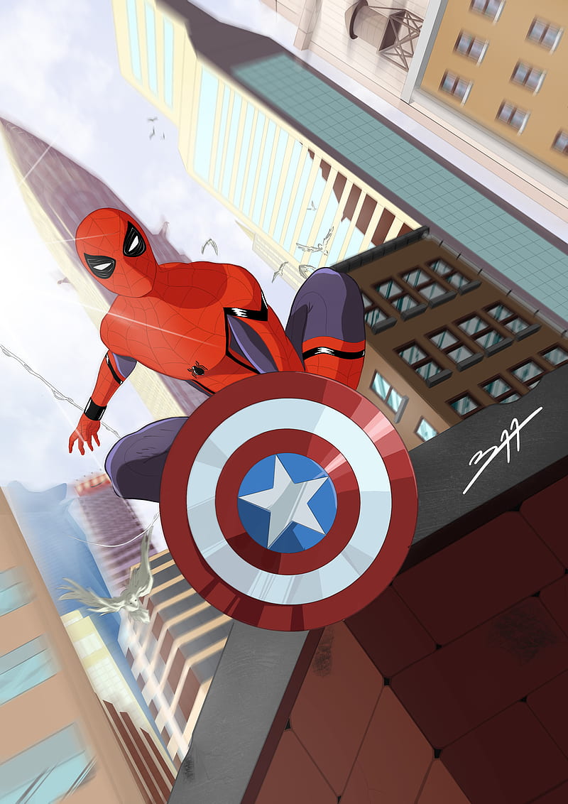 Spiderman With Captain America Shield Art, spiderman, artwork, art, artist, digital-art, behance, superheroes, HD phone wallpaper