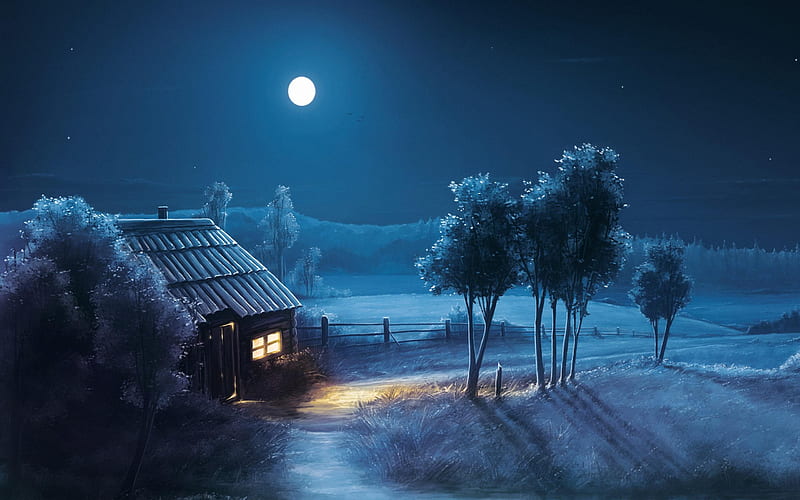 blue moon, bonito, full moon, home, nature, night, scenery, village, HD wallpaper