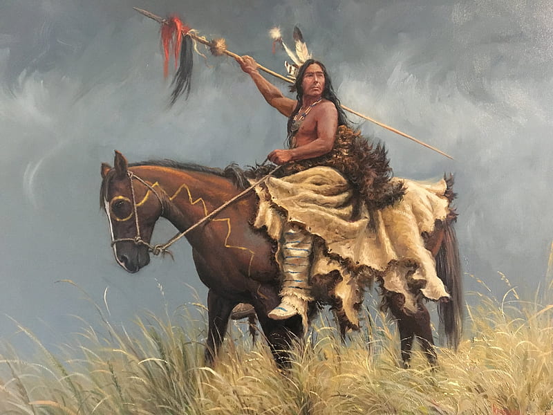 Native American, painting, man, horse, rider, art, HD wallpaper