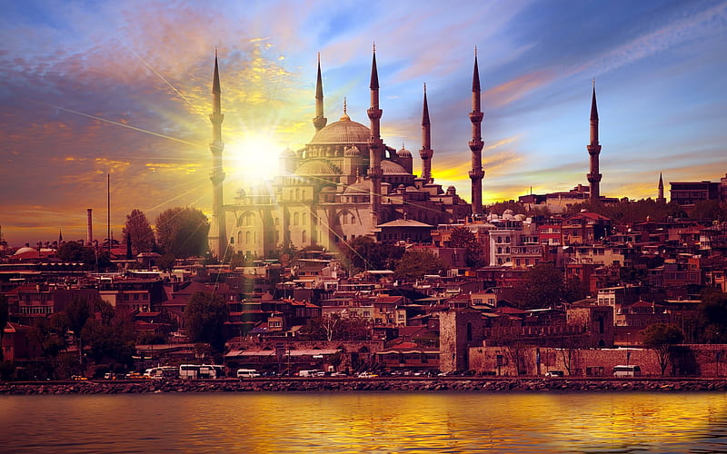 Istanbul Blue Mosque, sunset, panorama, Turkey, HD wallpaper