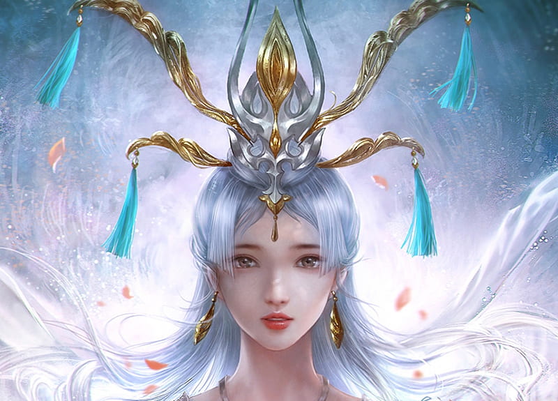 Empress, frumusete, fantasy, girl, asian, face, blue, yankong bu, luminos, white, HD wallpaper
