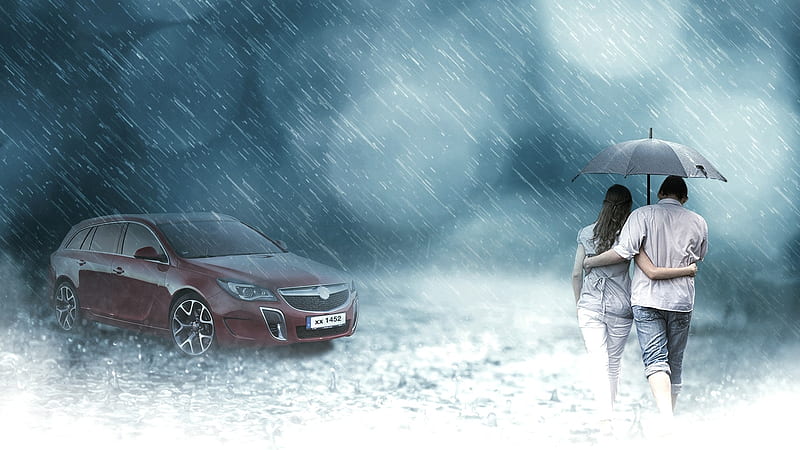 A Rain Day, Weather, Emotion, Couple, rain, Car, Umbrella, Season, HD wallpaper