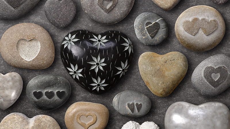 Black White Stone Hearts Valentines, HD wallpaper