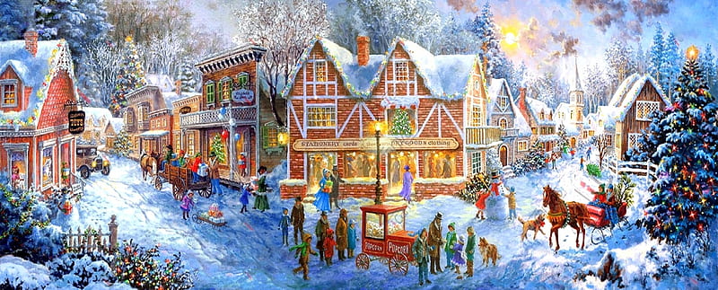 Getting Ready for Christmas, winter, peoples, villages, Christmas, family, holidays, Christmas Tree, houses, love four seasons, horse carriage, xmas and new year, snow, HD wallpaper