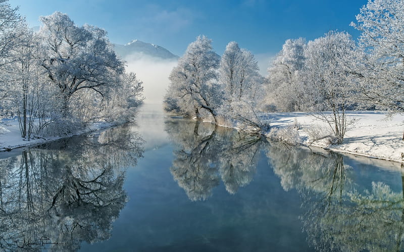 winter, snow, river, winter landscape, mountains, Bavaria, Germany, HD wallpaper