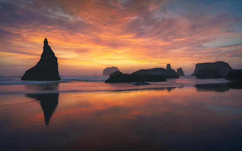 Sunset from Bandon, Oregon on the Southern Oregon Coast, clouds, sky, rocks, beach, usa, HD wallpaper