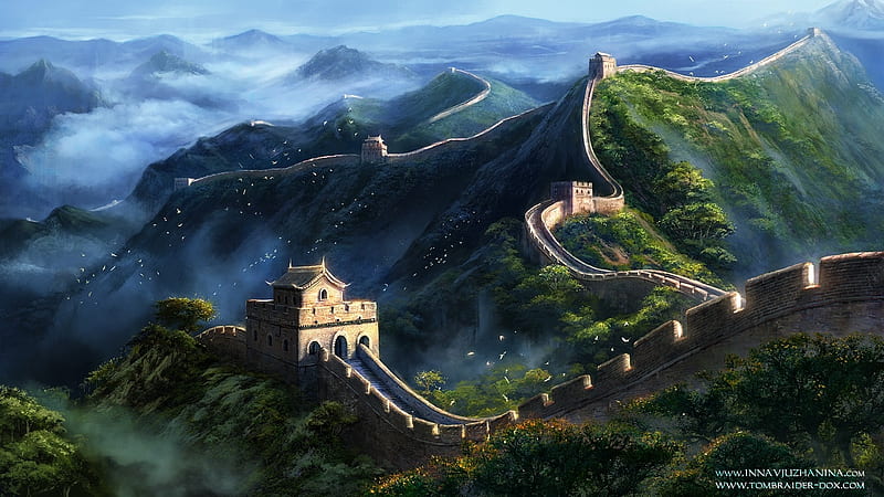 The Great Wall of China, world, inna vjuzhanina, luminos, tomb rider 2, china, game, great wall, fantasy, green, blue, HD wallpaper