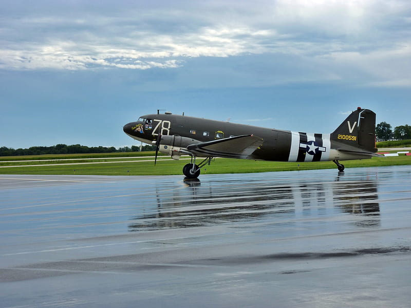 C-47 in the Rain, plane, skytrain, ww2, wwii, c47, c-47, HD wallpaper