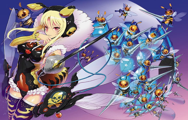 Queen Bee, red, wings, black, yellow, blonde hair, bee, purple, weapon, cross, long hair, skull, blue, HD wallpaper